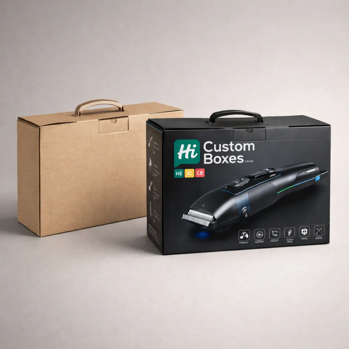 Large cardboard carry boxes with handles featuring high-quality printed graphics for professional electric hair clippers. class=